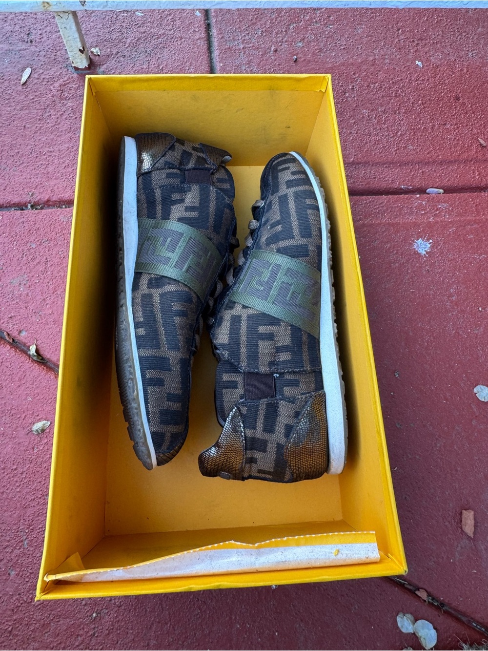 Fendi Brown Monogram Kids Slip-On Sneakers with Olive Elastic Strap